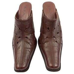 Mia Vicki Mules Women's Sz 9M Brown Leather Shoe‎ Laser Cut Leaf Slip On Heels